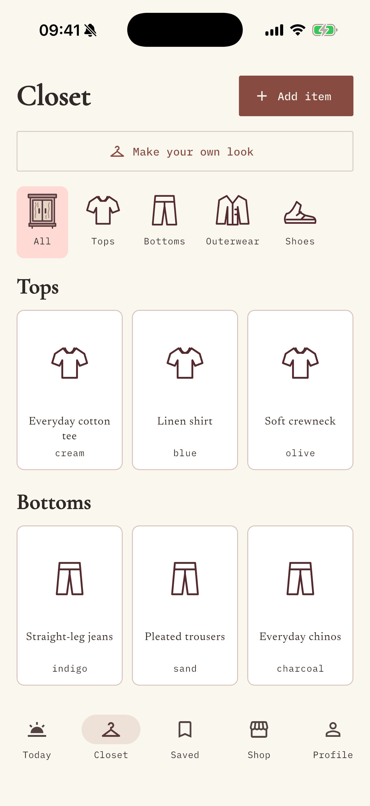 Wearto on iPhone: the All filter, clothing categories, and equal-sized closet cards with sample pieces